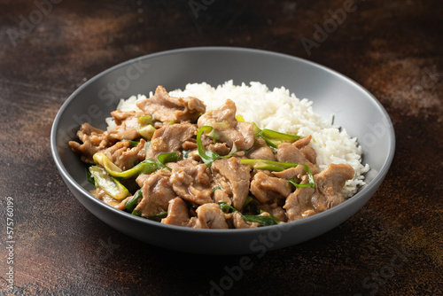 Chinese stir fry pork with ginger sauce, garlic and spring onion. Asian food © grinchh