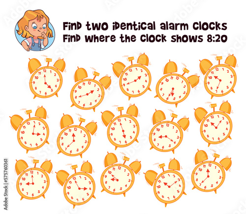Find 2 same objects. Find two identical alarm clocks. Educational game for children. Choose correct answer. Colorful cartoon characters. Funny vector illustration. Isolated on white background