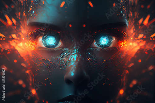 AI. Woman Cyborg head with artificial neural networks brain. Neon cyberpunk word. Female robot face with computer artificial intelligence. Electronic Technology banner in 80th cyberpunk