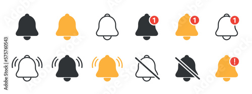 Notification bell icon set. Incoming inbox message. Ringing bell, reminder or subscriber sign for apps, smartphone, alarm alert. Vector Illustration