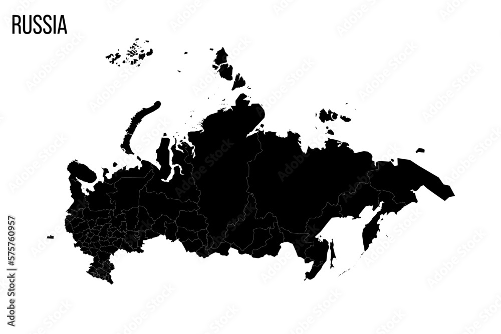 Russia political map of administrative divisions - oblasts, republics, autonomous okrugs, krais, autonomous oblast and 2 federal cities of Moscow and Saint Petersburg. Blank black map and country name