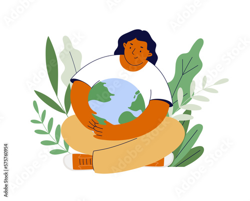 Environment protection, sustainability concept. Save the planet. Woman hugs planet with love. Nature care. Flat vector illustration