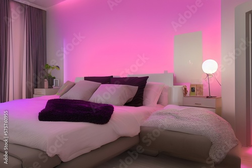 Interior of stylish bedroom with neon lighting - generative ai