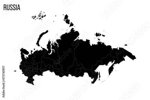 Russia political map of administrative divisions - oblasts, republics, autonomous okrugs, krais, autonomous oblast and 2 federal cities of Moscow and Saint Petersburg. Blank black map and country name