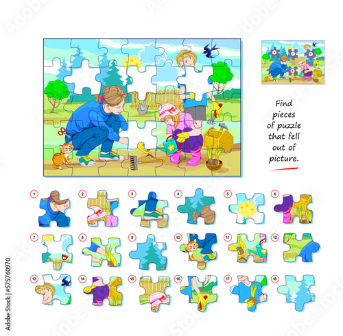 Logic game for children and adults. Find pieces of puzzle that fell out of picture. Page for kids brain teaser book. Task for attentiveness. Developing spatial thinking. Play online. Vector image.