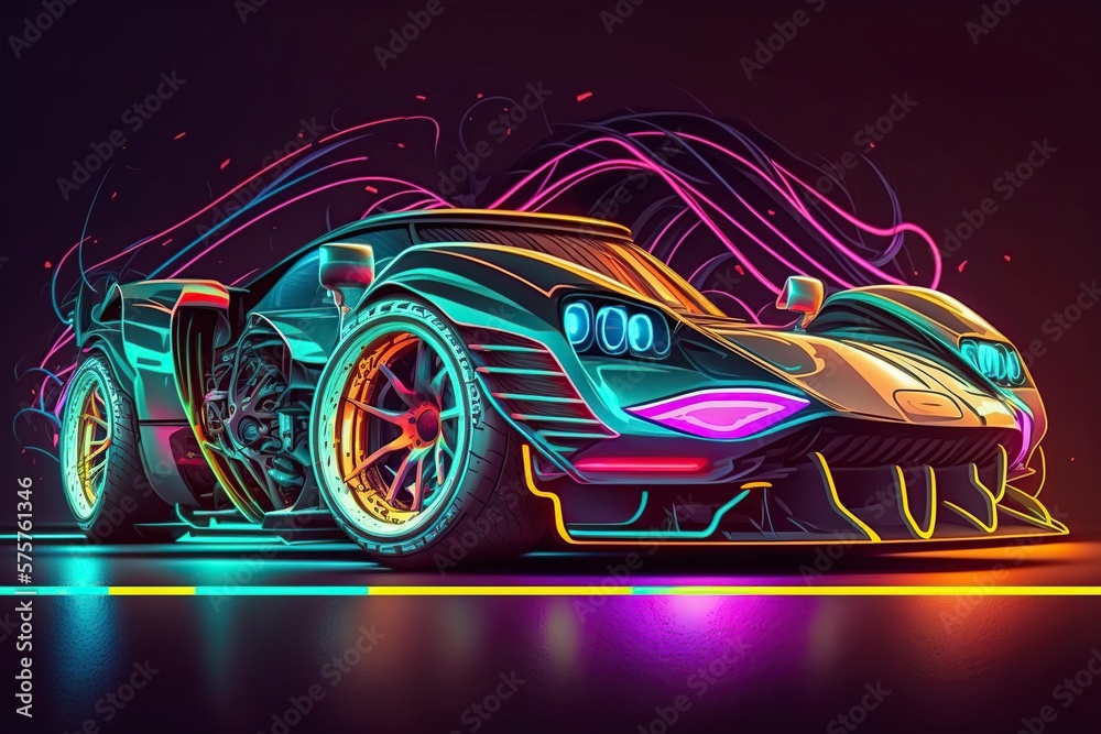 illustration, sports car for racing with neon lights, ai generative