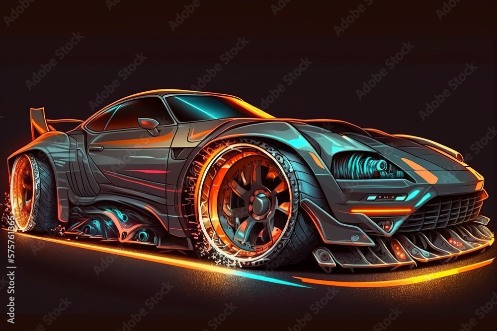 illustration, sports car for racing with neon lights, ai generative