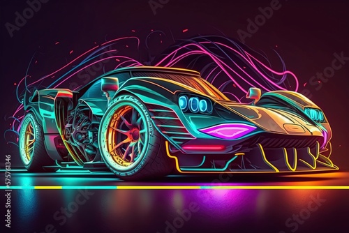 illustration, sports car for racing with neon lights, ai generative