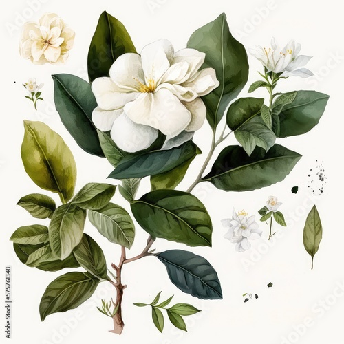 About Watercolor Gardenia Flower Floral Clipart, Isolated on White Background.