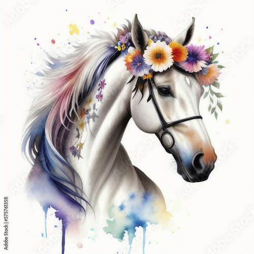 a close up of a horse with flowers on its head, great print, ai generated
