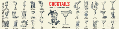Fototapeta Alcoholic cocktails hand drawn vector illustration