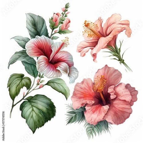 About Watercolor Hibiscus Flower Floral Clipart  Isolated on White Background.