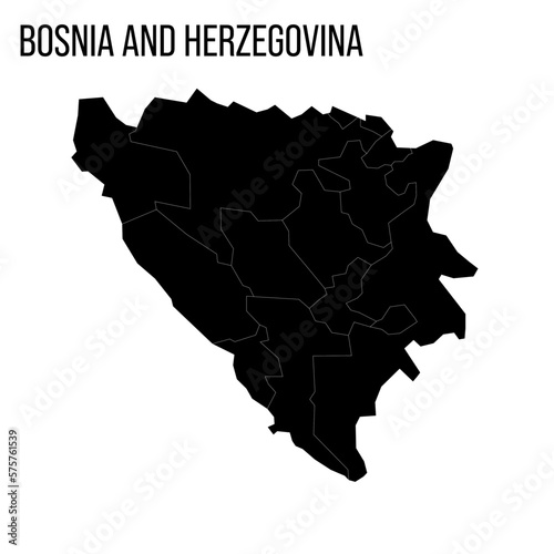 Bosnia and Herzegovina political map of administrative divisions - cantons of Federation of Bosnia and Herzegovina and Republika Srpska. Blank black map and country name title.
