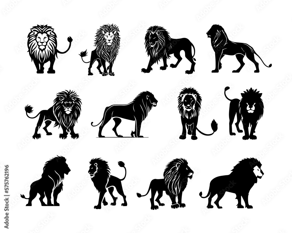 Lion king silhouette black logo animals silhouettes icons set hand