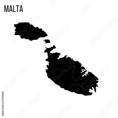 Malta political map of administrative divisions - regions. Blank black map and country name title.