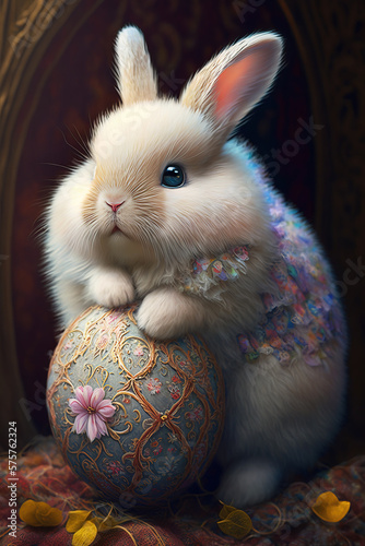 Cute Decorated Bunny with a Beautiful Ornamental Egg. AI generated Illustration.