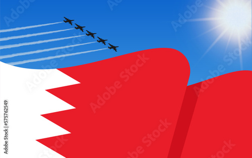 Flag of Bahrain and a fighter plane formation flying in the sky. 16th December Independence day Bahrain. Military aviation in the blue sky. Vector illustration