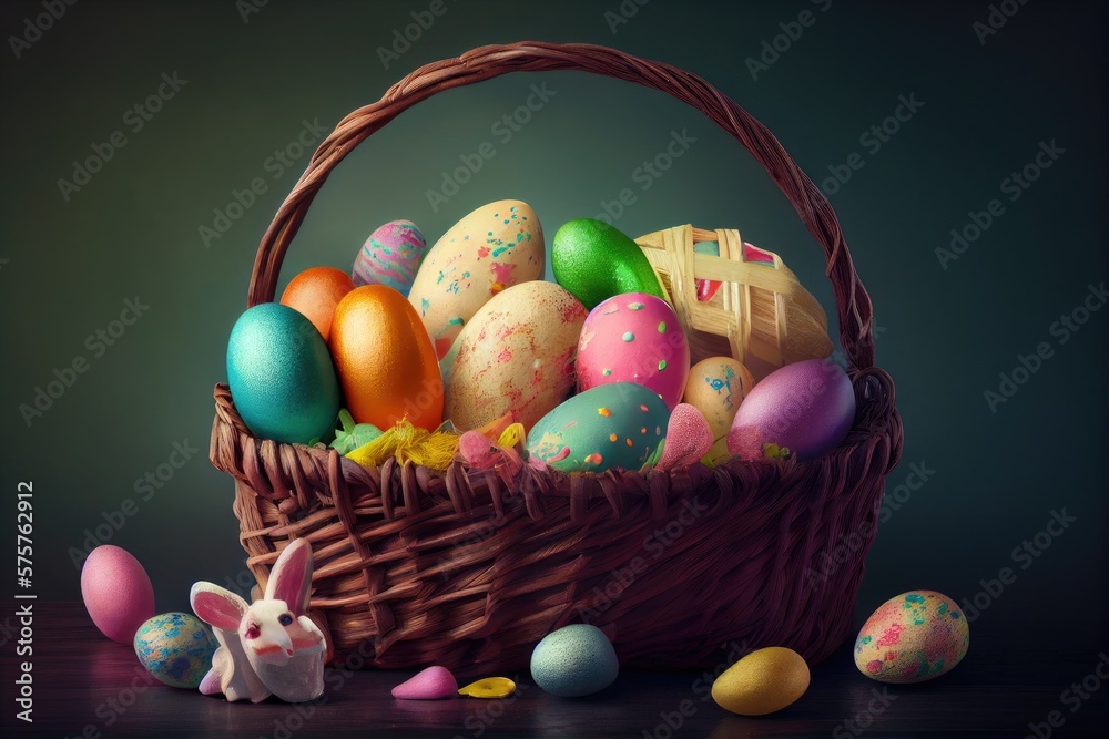 Easter Basket Filled with Decorated Dyed Eggs Bunny Rabbit Colorful Candy Chocolate Sweets Treats Gifts Surprises Bow Ribbon Wicker Woven in Background Image