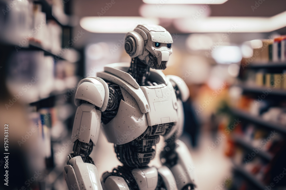 Humanoid robot in a shop, future concept, Generative AI Humanoid robot in a shop, future concept, Generative AI