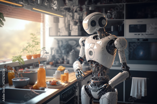 Humanoid robot on a kitchen, against a window, daylight, Generative AI