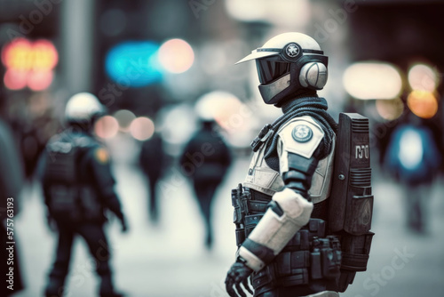Police oficer robot on a street, Generative AI © Nebula Cordata