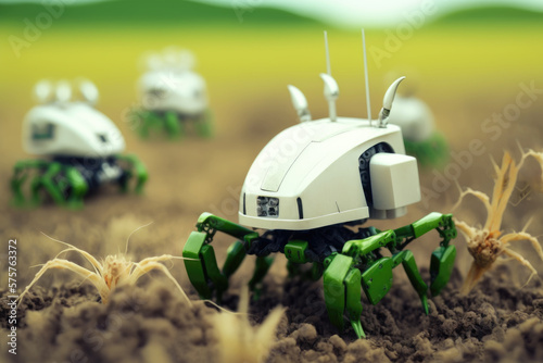 Little robots cultivate ground in a field, springtime plant, Generative AI