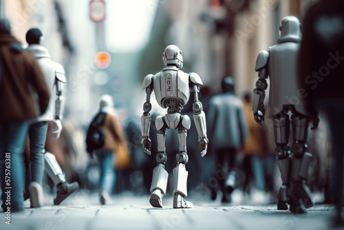 Humanoid robots walking on a street among people, Generative AI