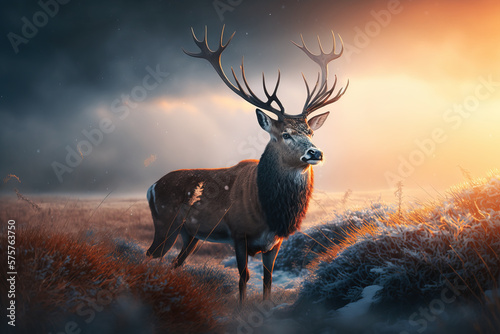 Large Deer Buck in the Morning Foggy Field. AI generated Illustration.