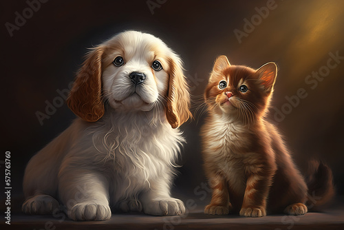 Cat And Dog . Cute Puppy And Kitten . AI generated Illustration.
