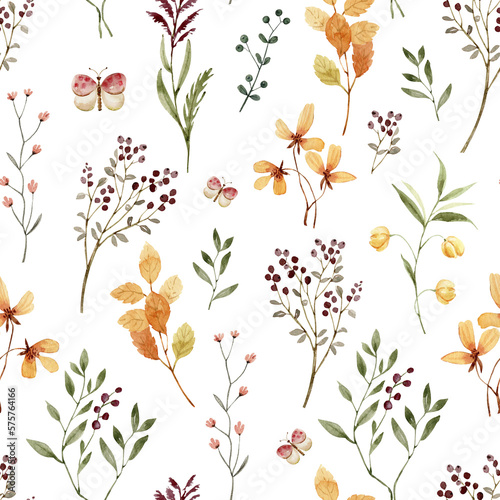 Seamless pattern with watercolor flowers and leaves on a white background, hand painted. 