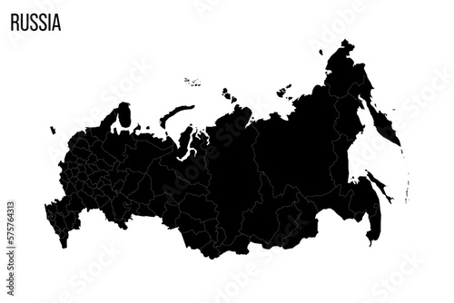 Russia political map of administrative divisions - oblasts, republics, autonomous okrugs, krais, autonomous oblast and 2 federal cities of Moscow and Saint Petersburg. Blank black map and country name