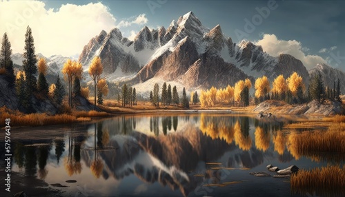 Nature's Glory, Scenic Mountain Range with River and Golden Tree, Serene Summer Scene, Mountain Range with Flowing River and Golden Tree (ai generated)