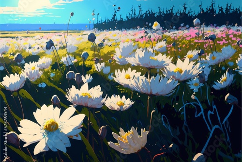 A beautiful fantastic landscape with brightly colored flowers in an anime style. Generative AI.