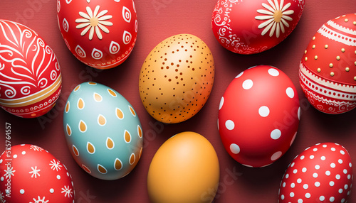 "Tradition and Delight": This charming image captures the essence of the Easter holiday with its vibrant colors, intricate patterns, and classic Easter eggs -ai generated.