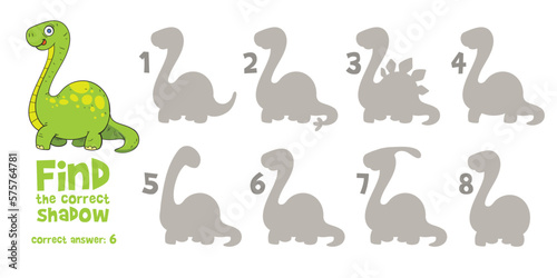 Little Dino. Find the correct shadow. Find 2 same objects. Educational game for children. Choose correct answer. Colorful cartoon characters. Funny vector illustration. Isolated on white background