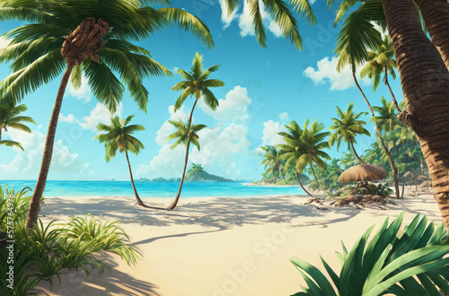 Tropical landscape. Tropical island in sunny weather. Palm trees, ocean, sandy beach. Generative AI.