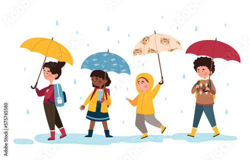 Kids walk under umbrella. Boys and girls in rain, autumn season. Characters on street, outdoor activity and leisure. Schoolchildrens in warm Clothes at rainy weather. Cartoon flat vector illustration