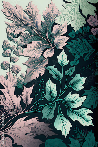 Abstract pale colored pattern of nature-inspired shapes resembling foliage. Generative AI