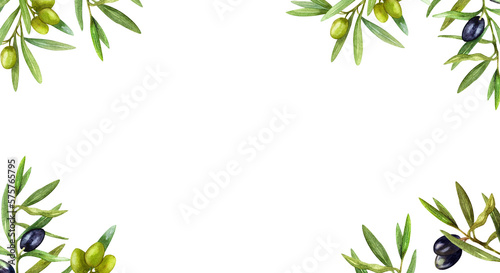 Olive branches, black olives and green olives. Frame, border, hand drawn watercolor. Design for cards, invitations, wrapping paper, stationery.