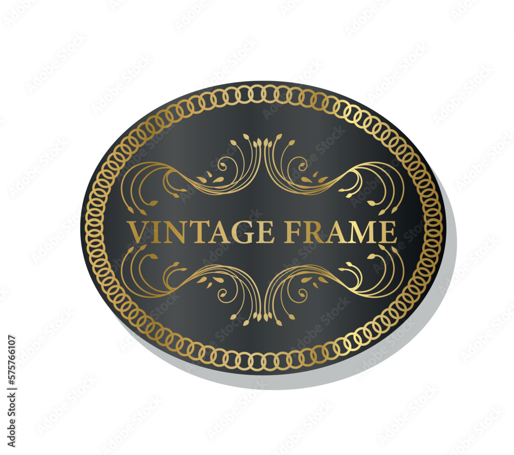 Vintage frame dark gold. Black oval with golden plants and foliage, abstract and minimal patterns. Warranty and promotion of goods, quality mark. Realistic flat vector illustration