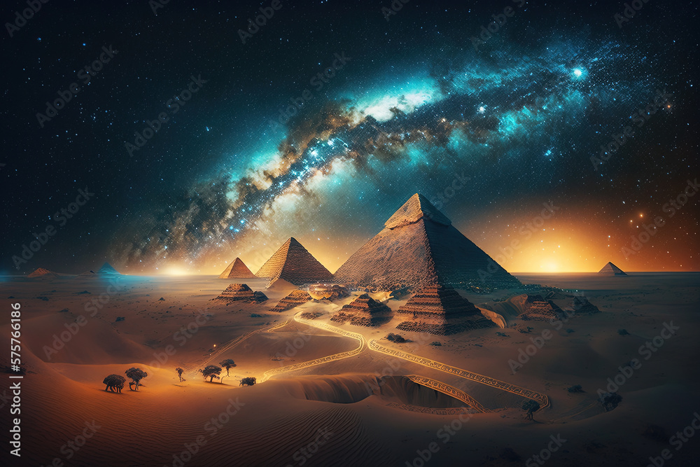 The Pyramids of Giza by night in Egypt with Milky Way Galaxy .AI generated Illustration. - obrazy, fototapety, plakaty 