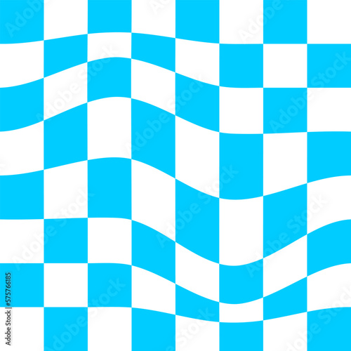 Distorted chess board background. Undulate plaid texture. Checkered visual illusion. Psychedelic pattern with warped blue and white squares. Trippy checkerboard surface