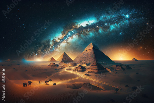 The Pyramids of Giza by night in Egypt with Milky Way Galaxy .AI generated Illustration. photo