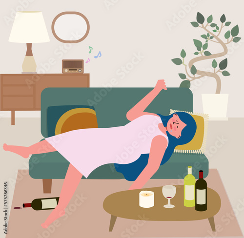 部屋でワインを飲みすぎて酔っ払い寝ている女性のイラスト