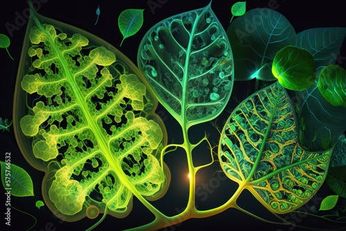 Abstract representation of photosynthesis with bright green chloroplasts colorful light rays and intricate details, concept of Photosynthesis and Chloroplasts, created with Generative AI technology photo