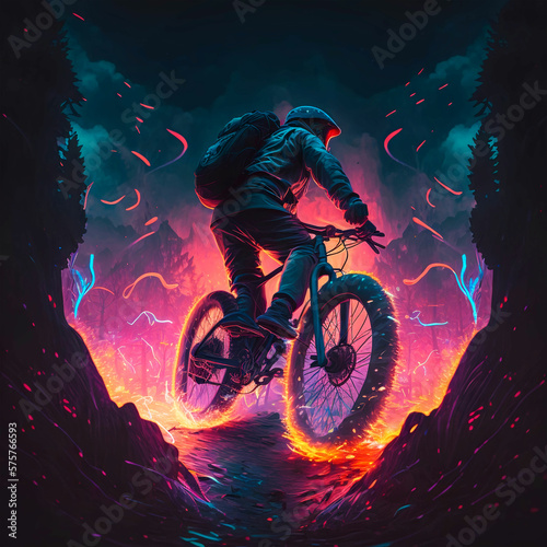 person riding a bike flames on the background cyclist adventurer fantasy art
