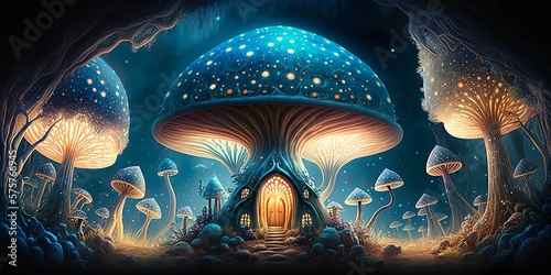 Fantasy magic House mushrooms. Alien forest world. Fantastic fungus with glowing stems. Generative AI photo