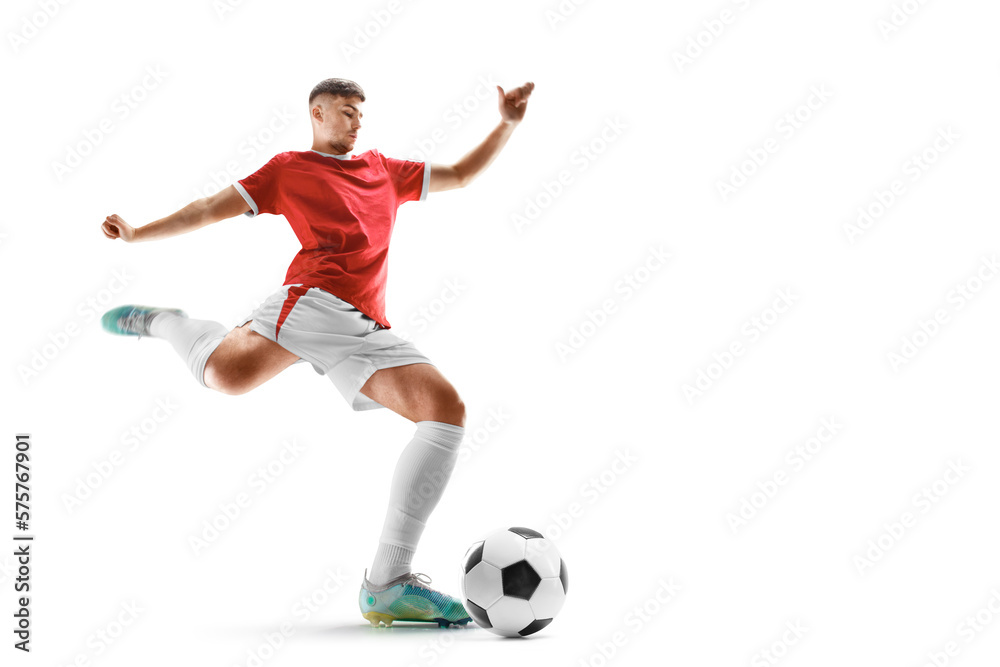 Professional soccer player hits the ball for the winning goal. Wide angle. Soccer. The concept of sport, competition, movement, overcoming