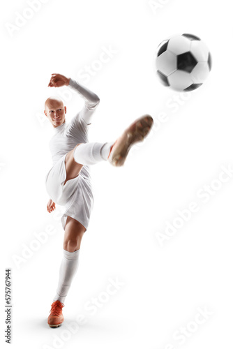 Soccer hitting. The football player hit the ball. Professional soccer player hits the ball for the winning goal