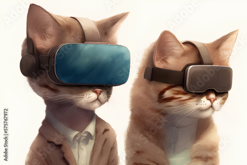 Cats in VR goggles. Modern two animals in virtual reality glasses. Concept of artificial reality. Generative AI.